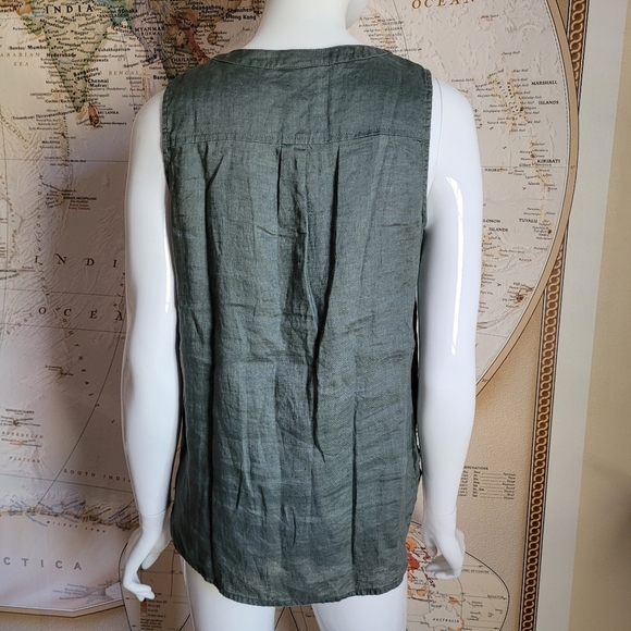 J Jill Love Linen olive green sleeveless button up top with side slits lagen S/P - Picture 2 of 11